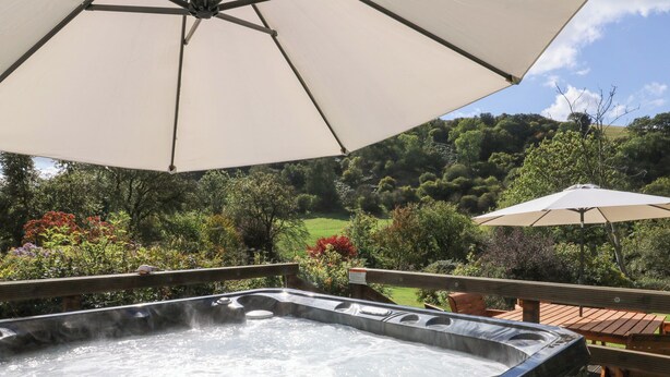A hot tub on an outdoor deck with a view of a lush garden and hills. - Penarth (Llandrindod Wells)