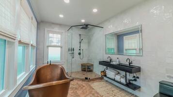 Hair dryer, towels, soap, shampoo