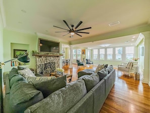 Smart TV, fireplace, books