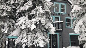 Una casa de dos pisos con exterior oscuro y detalles en color aguamarina, rodeada de árboles cubiertos de nieve.