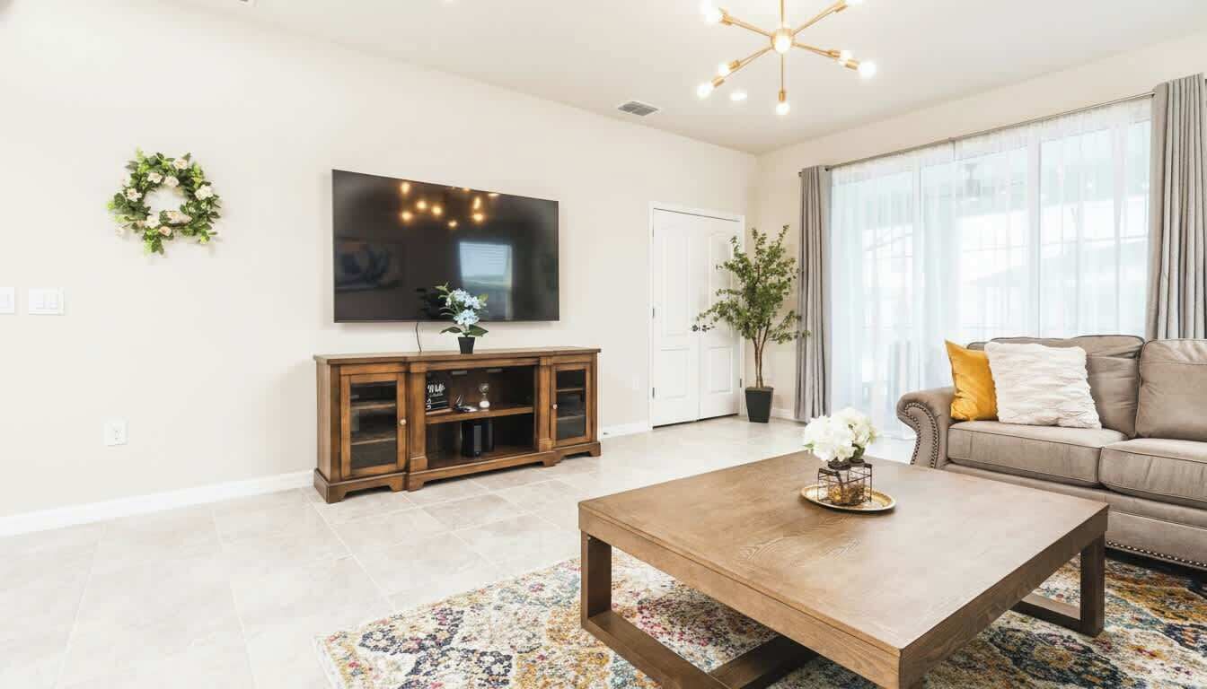 A modern living room with a flat-screen TV, wooden entertainment unit, a sofa, and a coffee table.