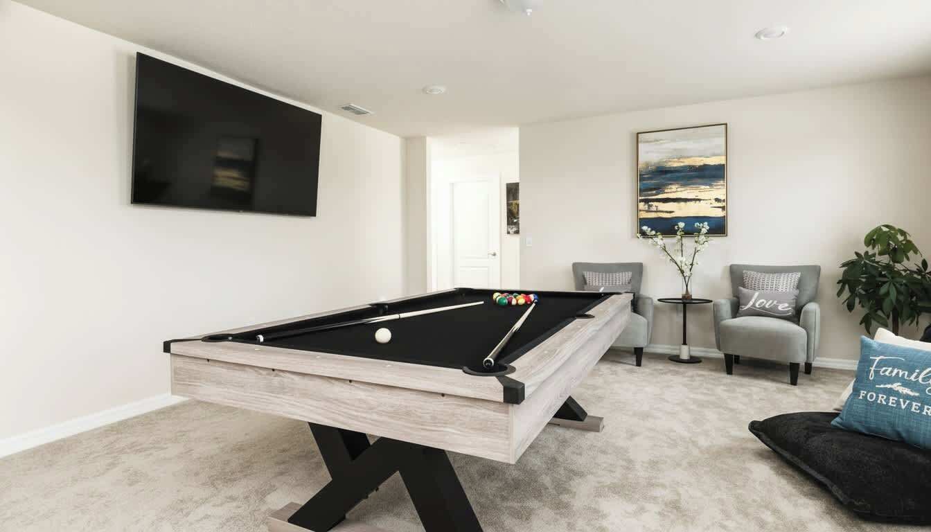 A pool table in a room with a flat-screen TV mounted on the wall, a small table with a vase of flowers, and a sofa with a cushion.