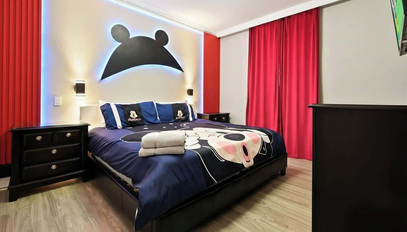 A bedroom with a bed, nightstands, a dresser, and a wall-mounted light fixture.