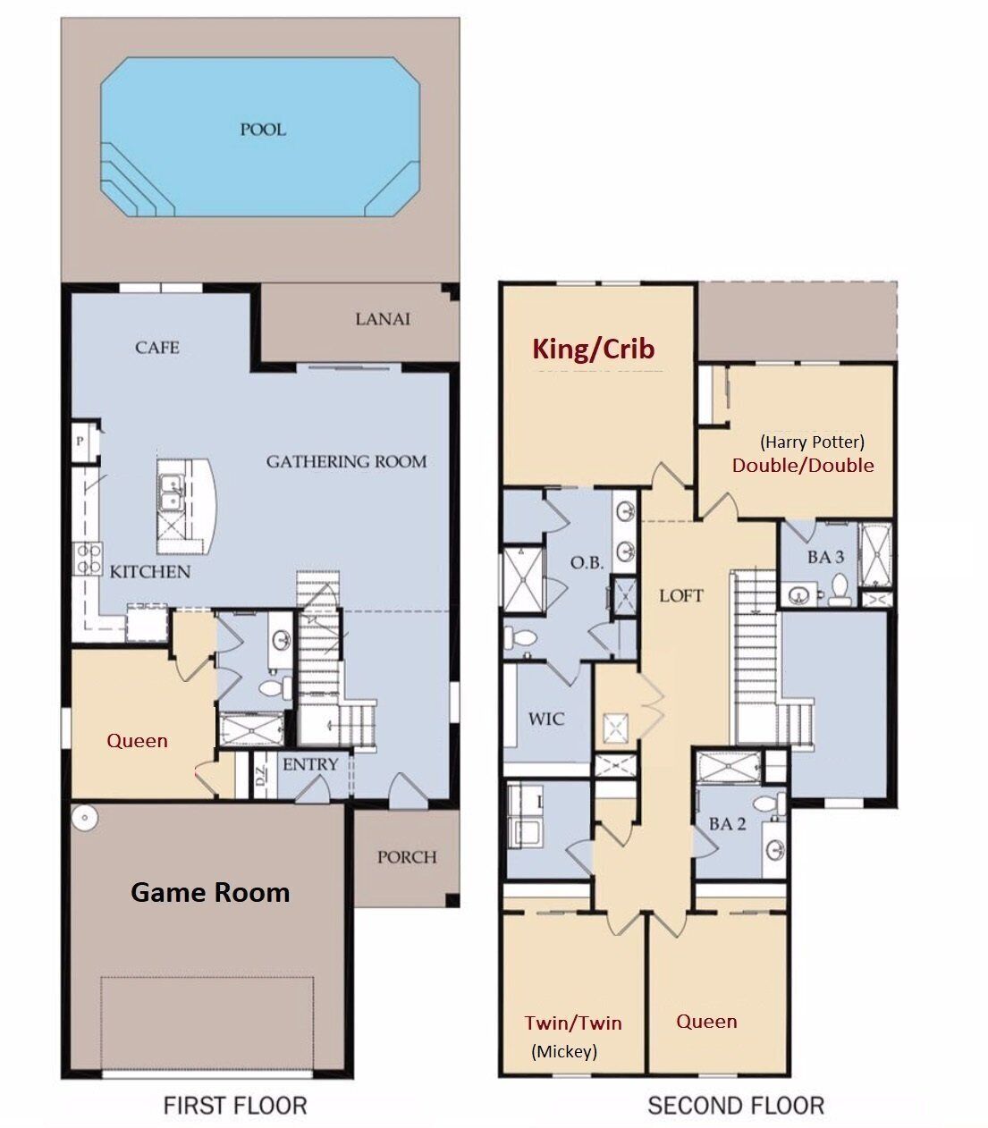 A hotel layout with a pool, game room, and various themed rooms including a King/Crib and Queen room.