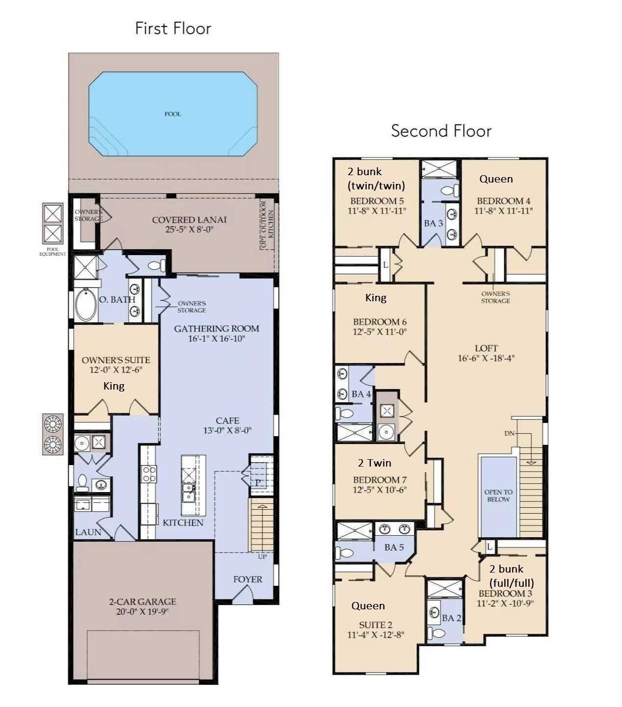A two-floor apartment layout with a covered lanai, owner's suite, kitchenette, and a 2-car garage.