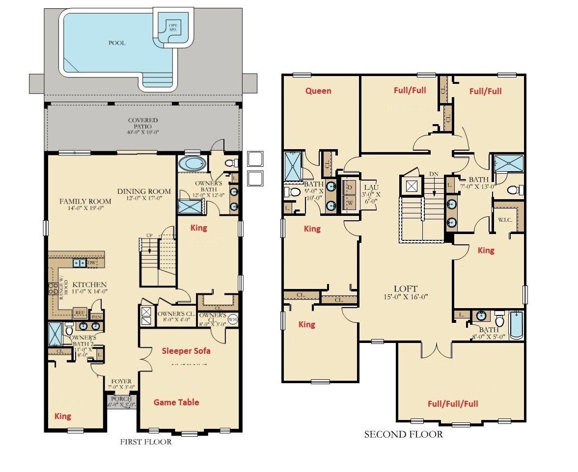 A two-story house layout with a covered patio, pool, dining room, kitchen, and multiple bedrooms labeled as King, Queen, and Full/Full.
