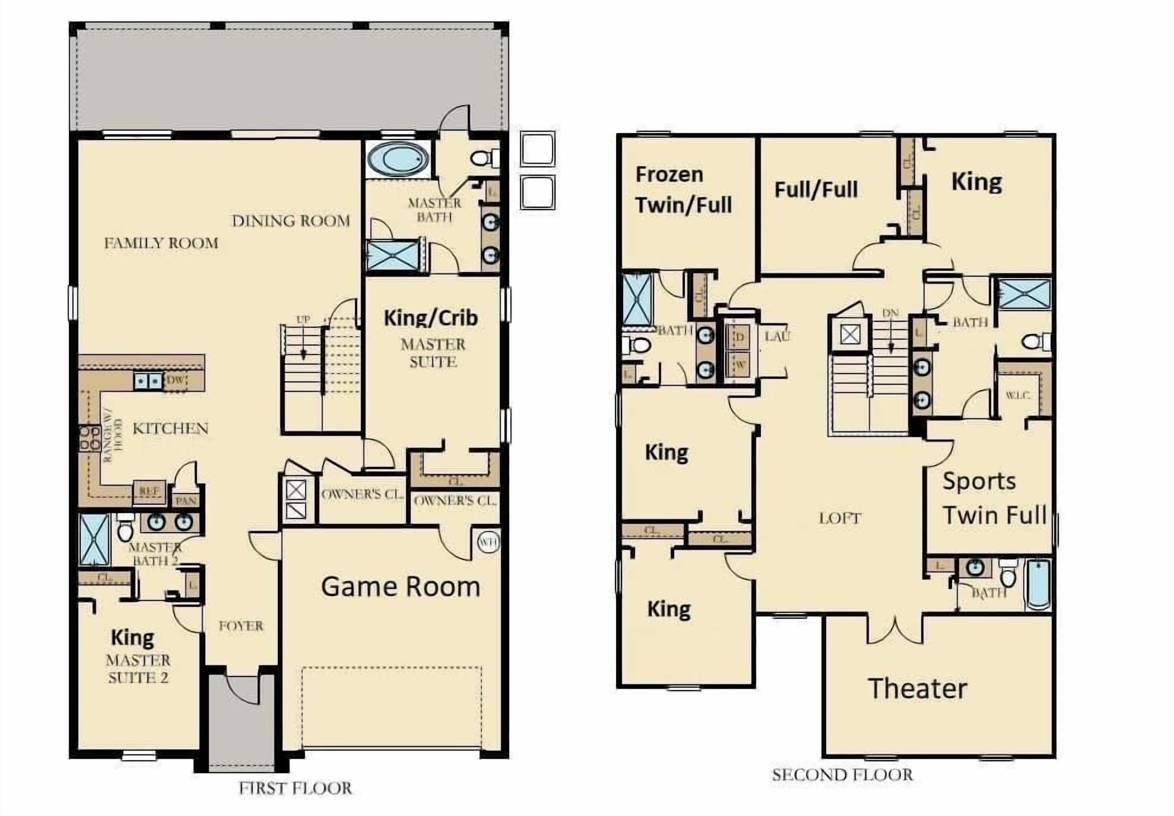 A hotel layout with a dining room, family room, kitchen, game room, and multiple master suites.