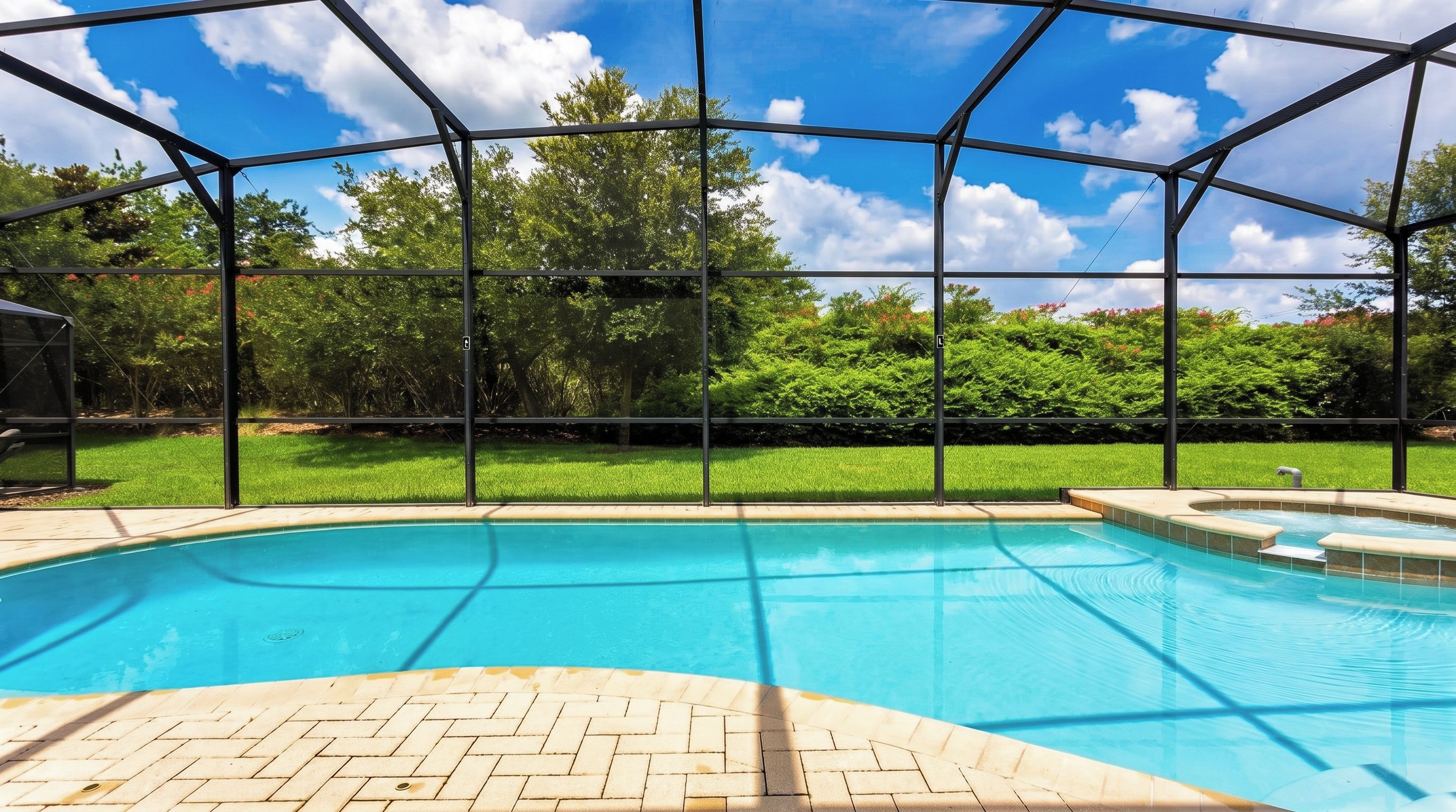Une piscine à l’eau d’un bleu cristallin, entourée d’une zone abritée dotée d’une structure métallique et de panneaux de verre.