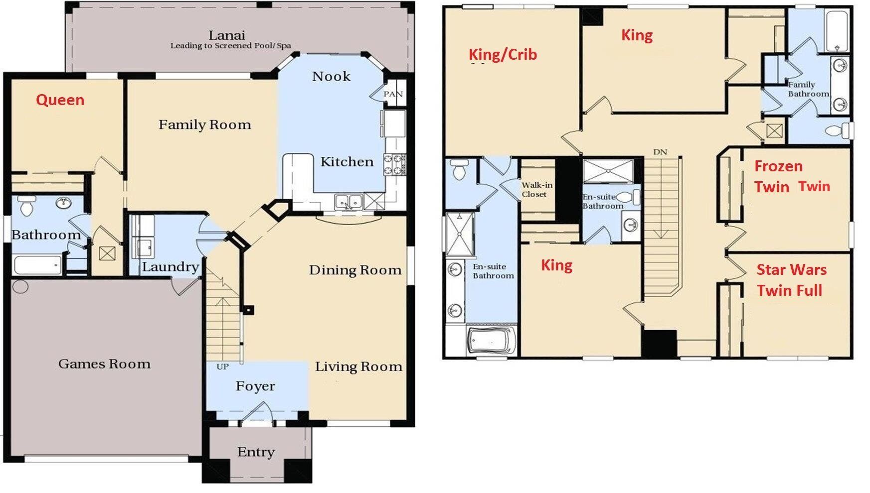 Een plattegrond van een hotel met een speelkamer, familiekamer, eetzaal, keuken en entree.