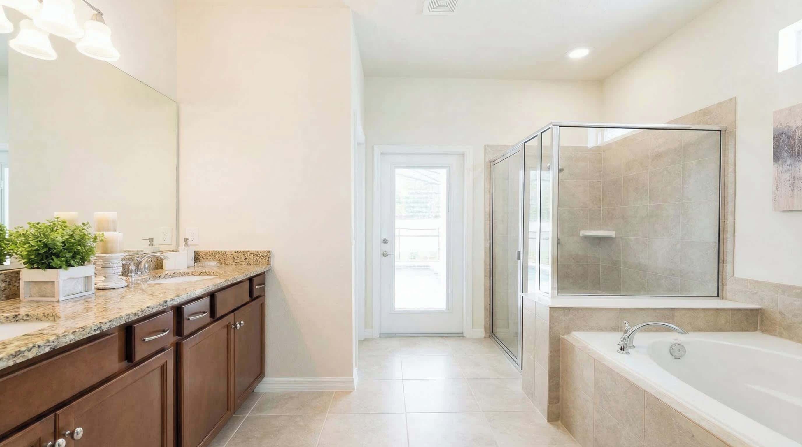 A bathroom with a shower, a bathtub, and a vanity with a mirror.