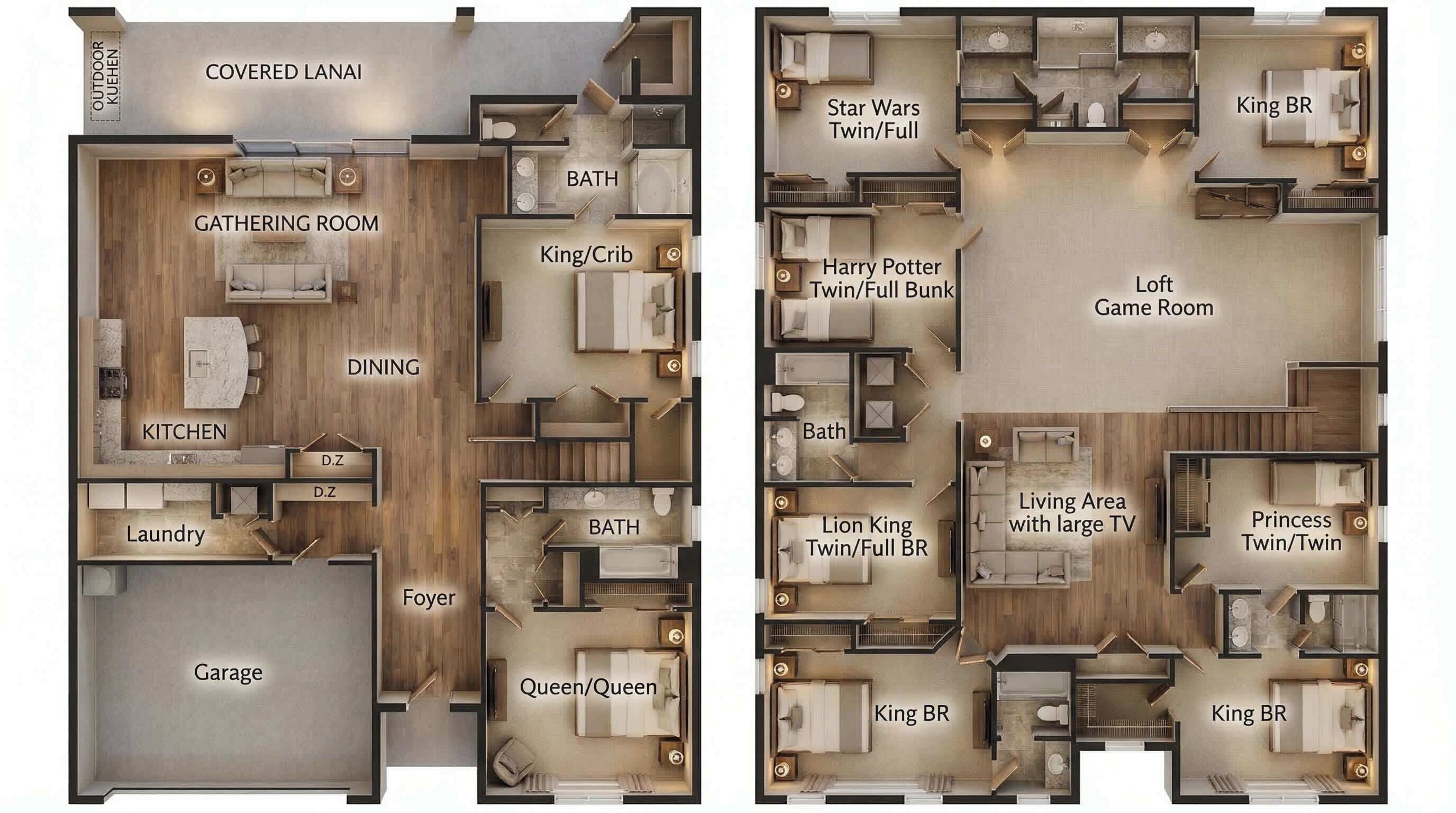Ein überdachter Innenhof mit Essbereich, Küche, Waschküche und Garage.