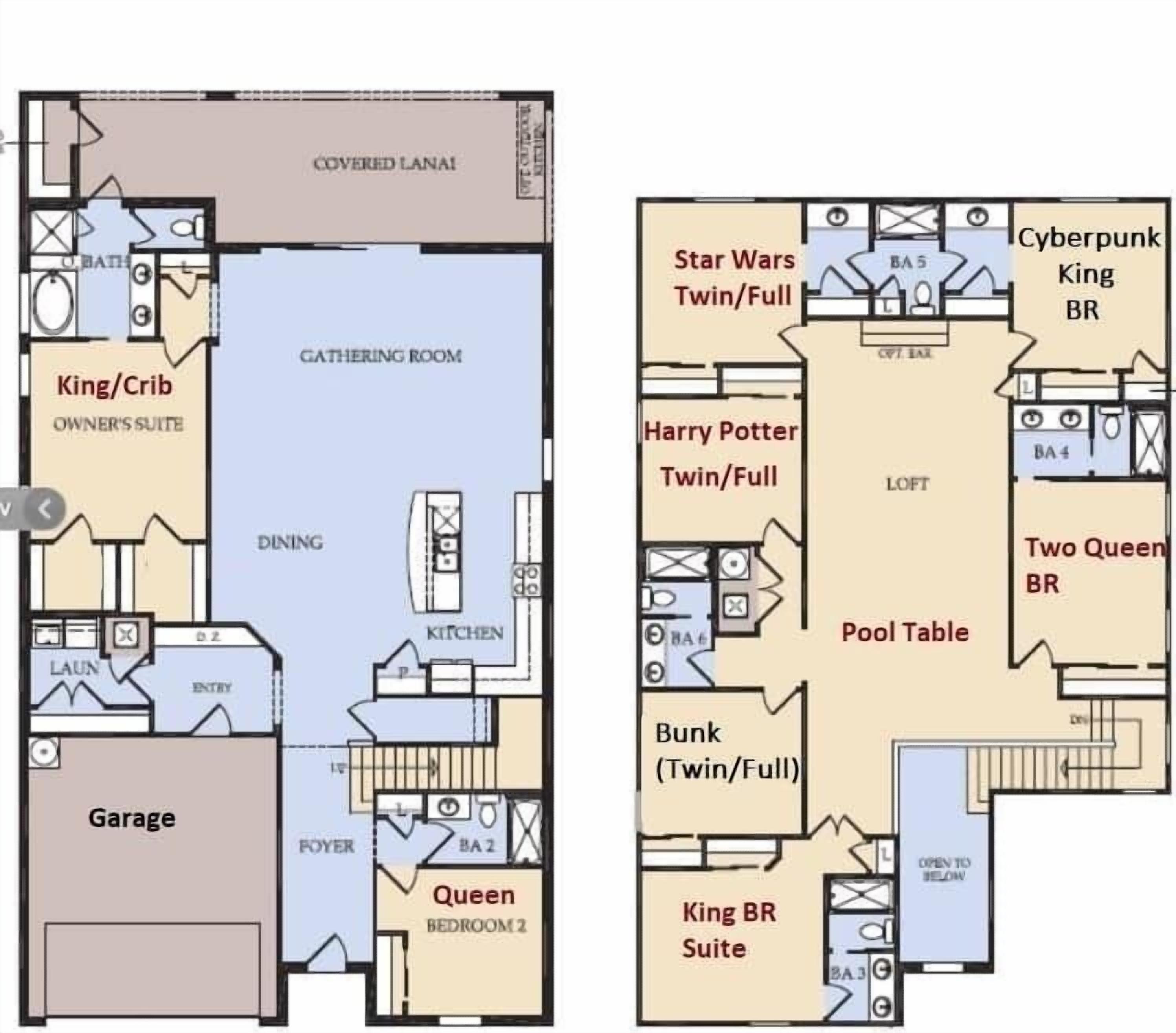 A hotel layout with a covered lanai, dining area, kitchen, and a gathering room.