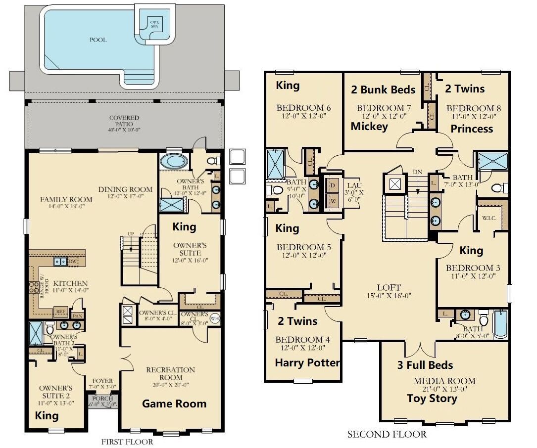 Plan d’une maison à deux étages comprenant un patio couvert, une piscine, une salle à manger, une cuisine, une salle de jeux et plusieurs chambres.