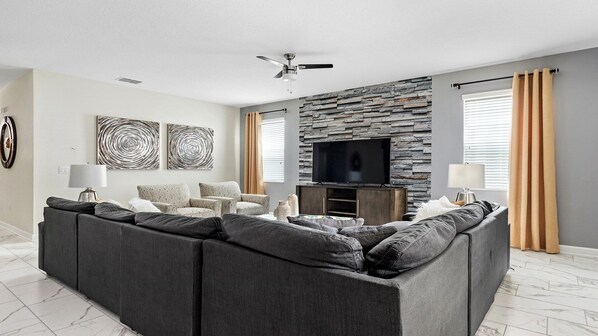 House, Multiple Beds, Pool Access, Pool View (8811IC CG) | Living area - No Rear Neighbor 6BR Villa Private Pool Spa Disney (Davenport)