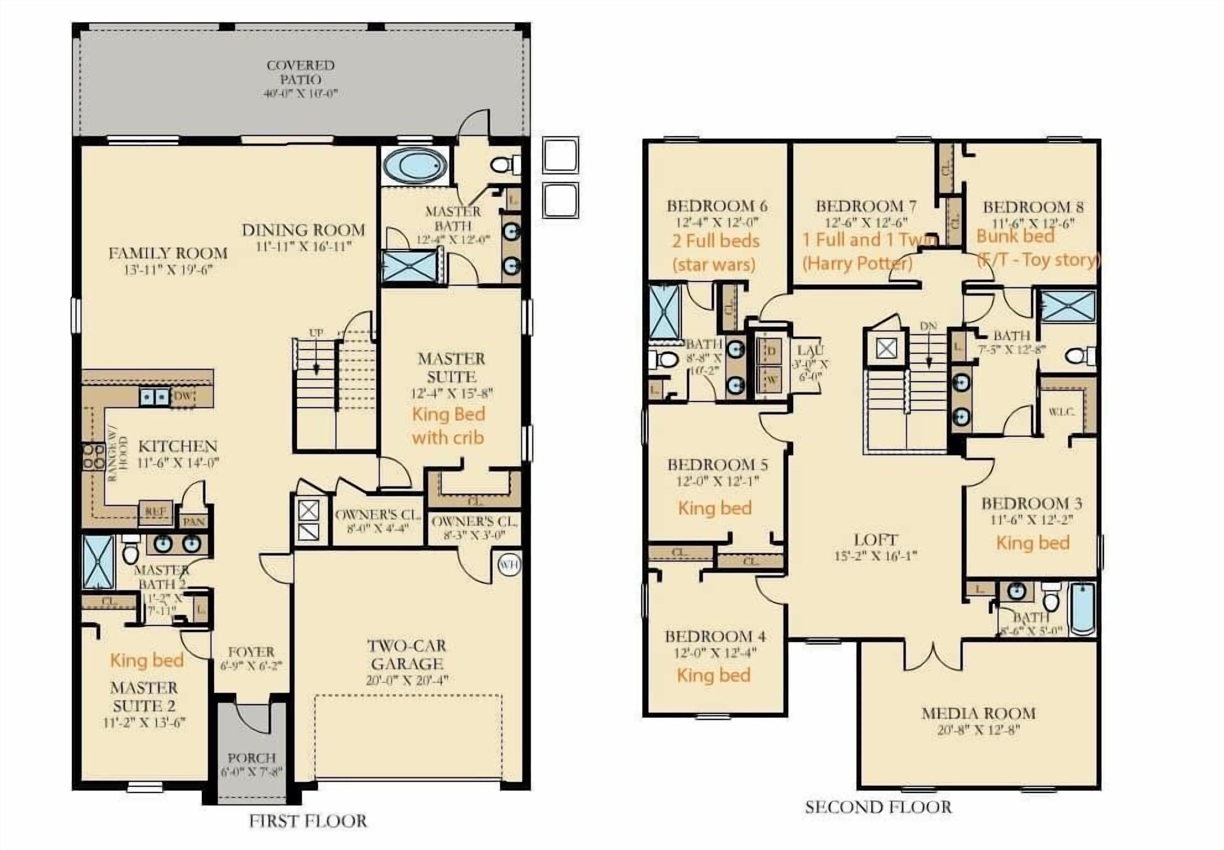 A two-story apartment layout with a covered patio, dining room, kitchen, master suite, two-car garage, and media room.