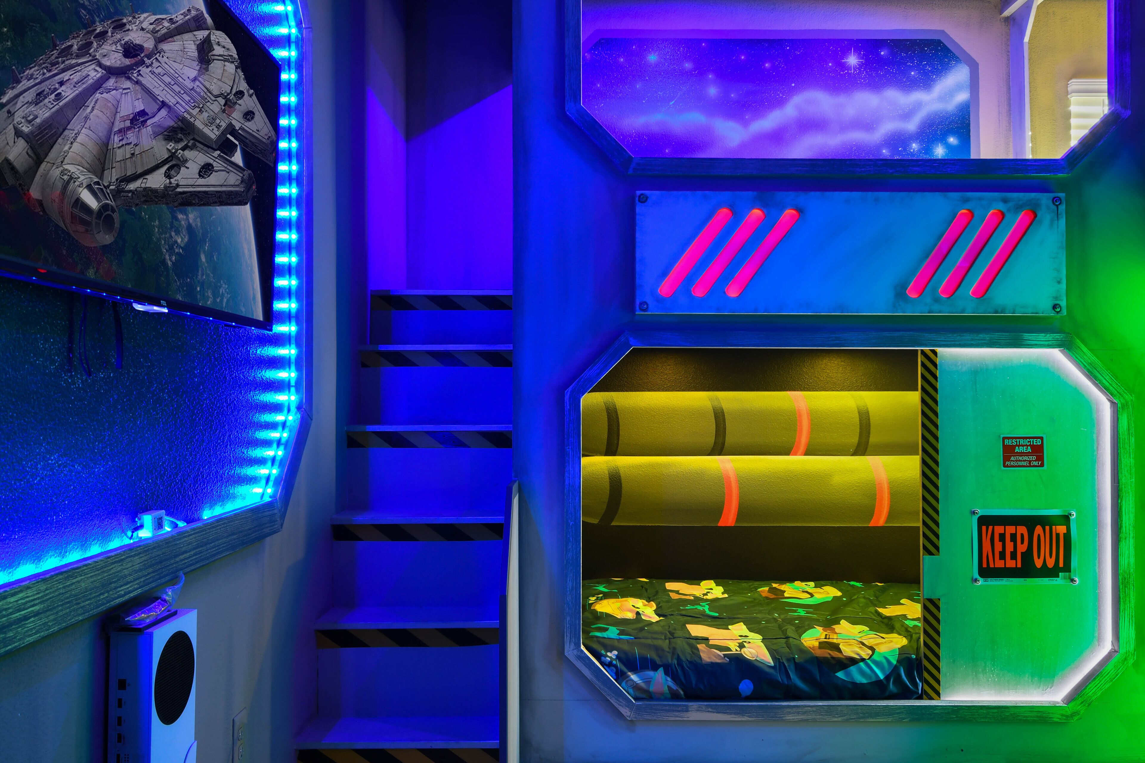 A futuristic room with a space-themed wall, a 'KEEP OUT' sign, and a window with a view of a starry sky.