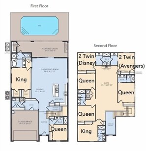 A hotel layout with two floors. The first floor includes a covered lanai, a gathering room, a dining area, a kitchen, a bathroom, and a 2-car garage. The second floor has two twin rooms labeled 'Disney' and 'Avengers', a loft, and a bathroom. - Comfort & Luxury Near Orlando Attractions (Davenport)