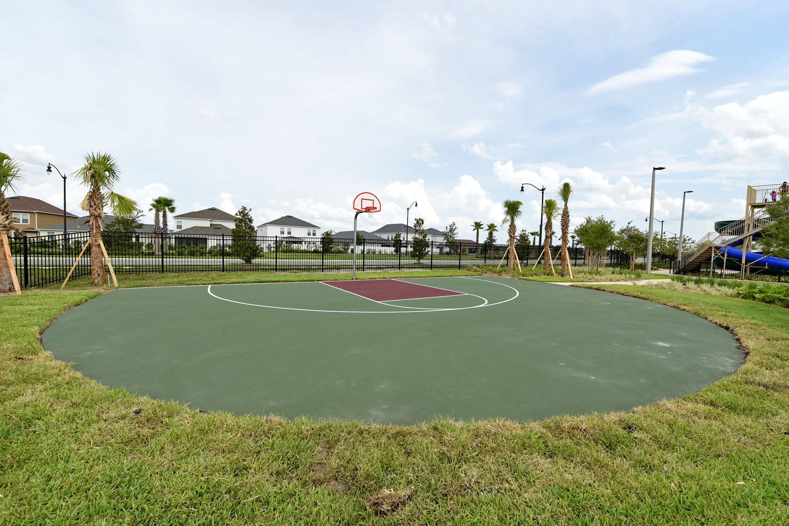 Un terrain de basket en plein air, doté d’une surface verte, entouré d’une clôture noire, de palmiers et de maisons en arrière-plan.