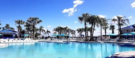 A large outdoor swimming pool surrounded by palm trees and lounge chairs.