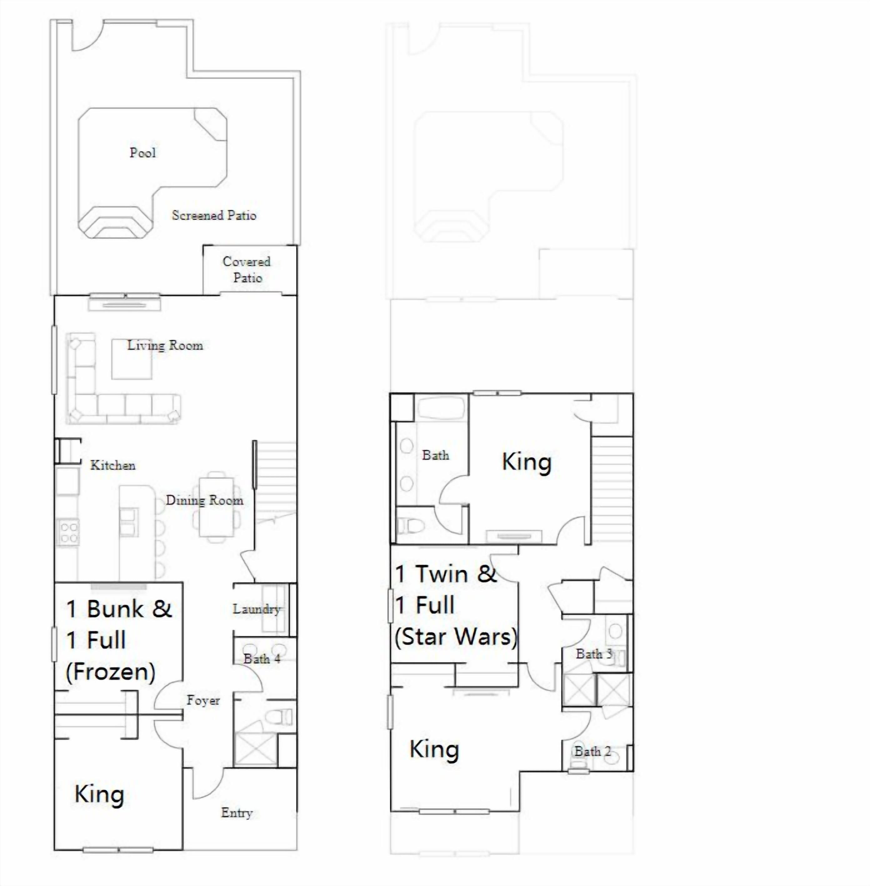 A floor plan of a hotel with a pool, living room, kitchen, dining room, and multiple bathrooms.