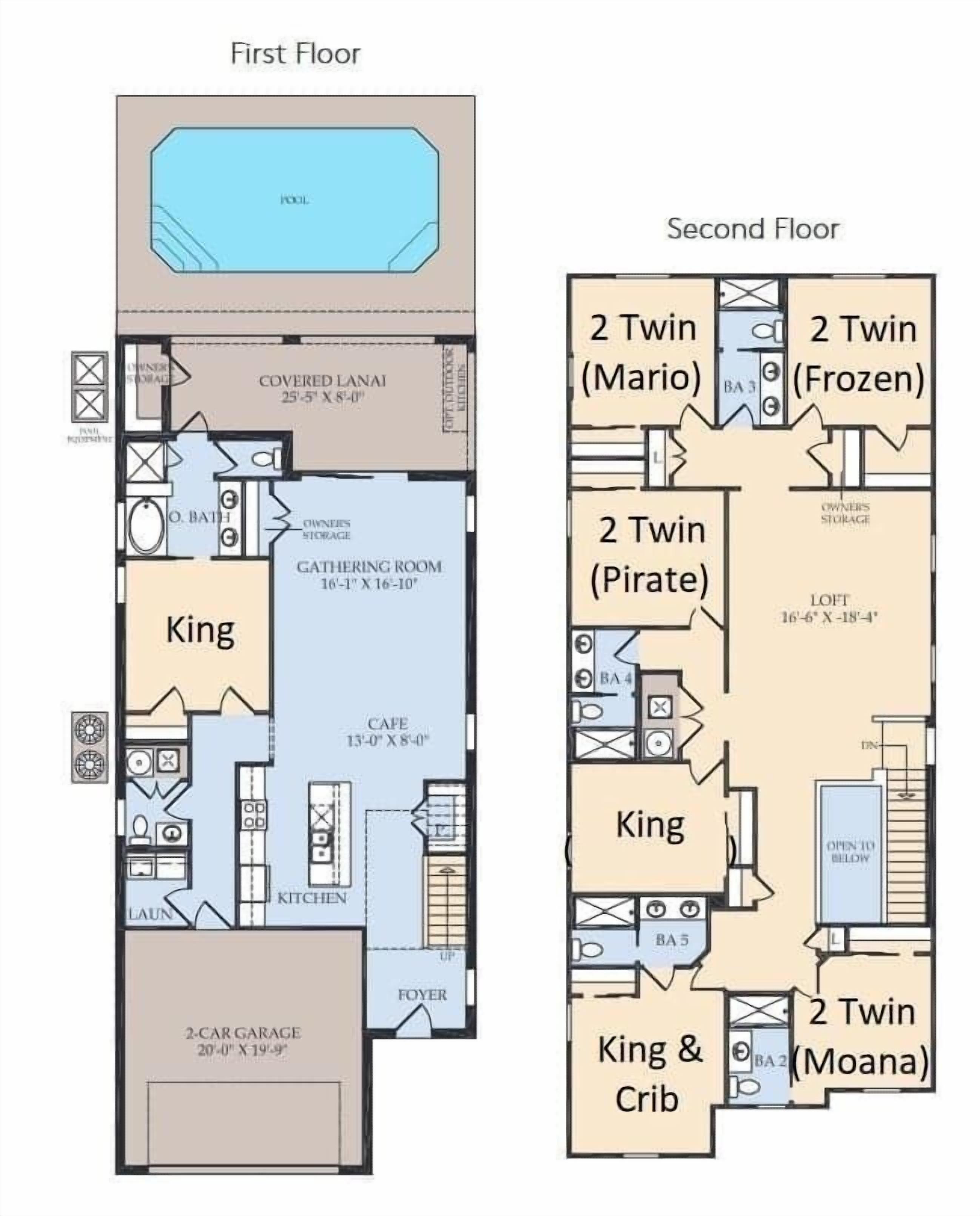 A hotel floor plan with a covered lanai, king room, 2-car garage, and a pool.