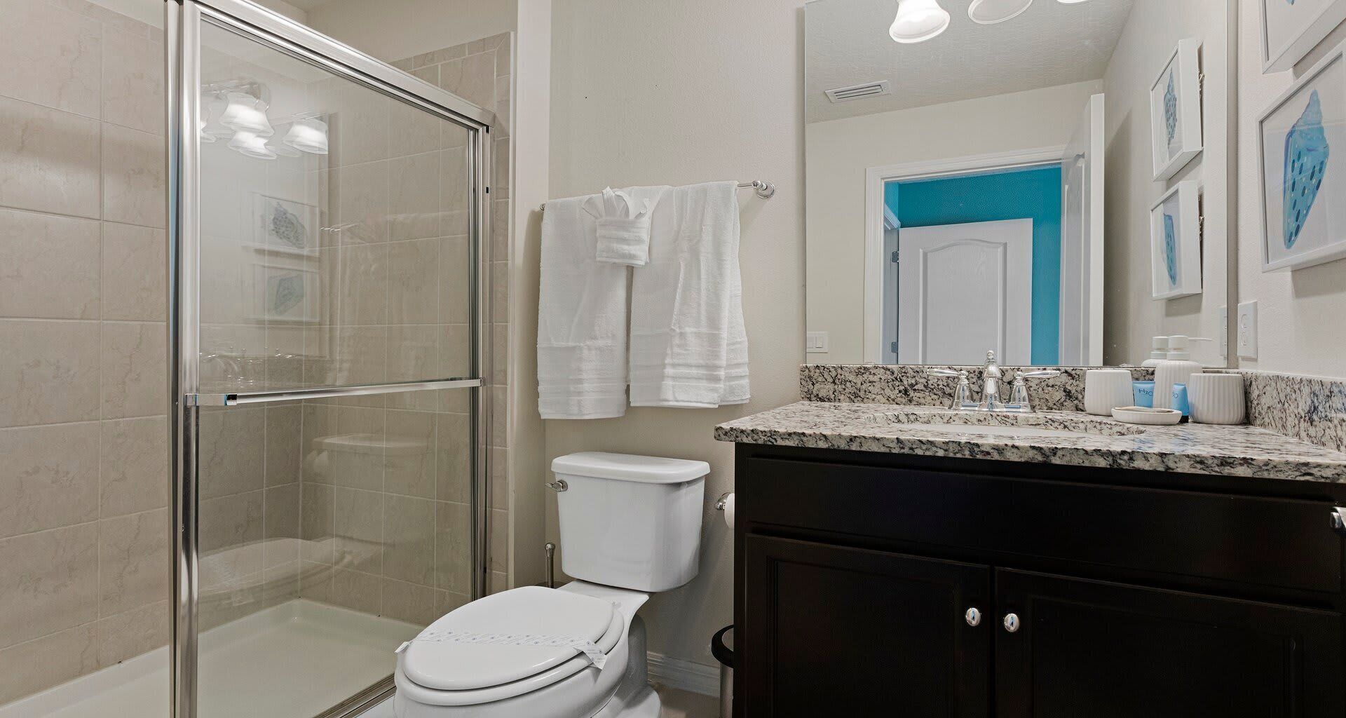 A bathroom with a glass-enclosed shower, a toilet, a sink with a granite countertop, and a mirror.