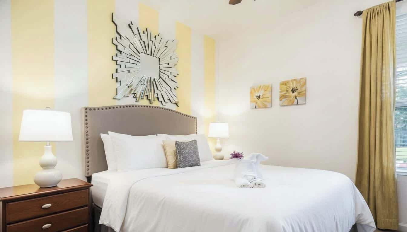A hotel room with a large bed, two bedside tables with lamps, a decorative wall piece, and two framed artworks.