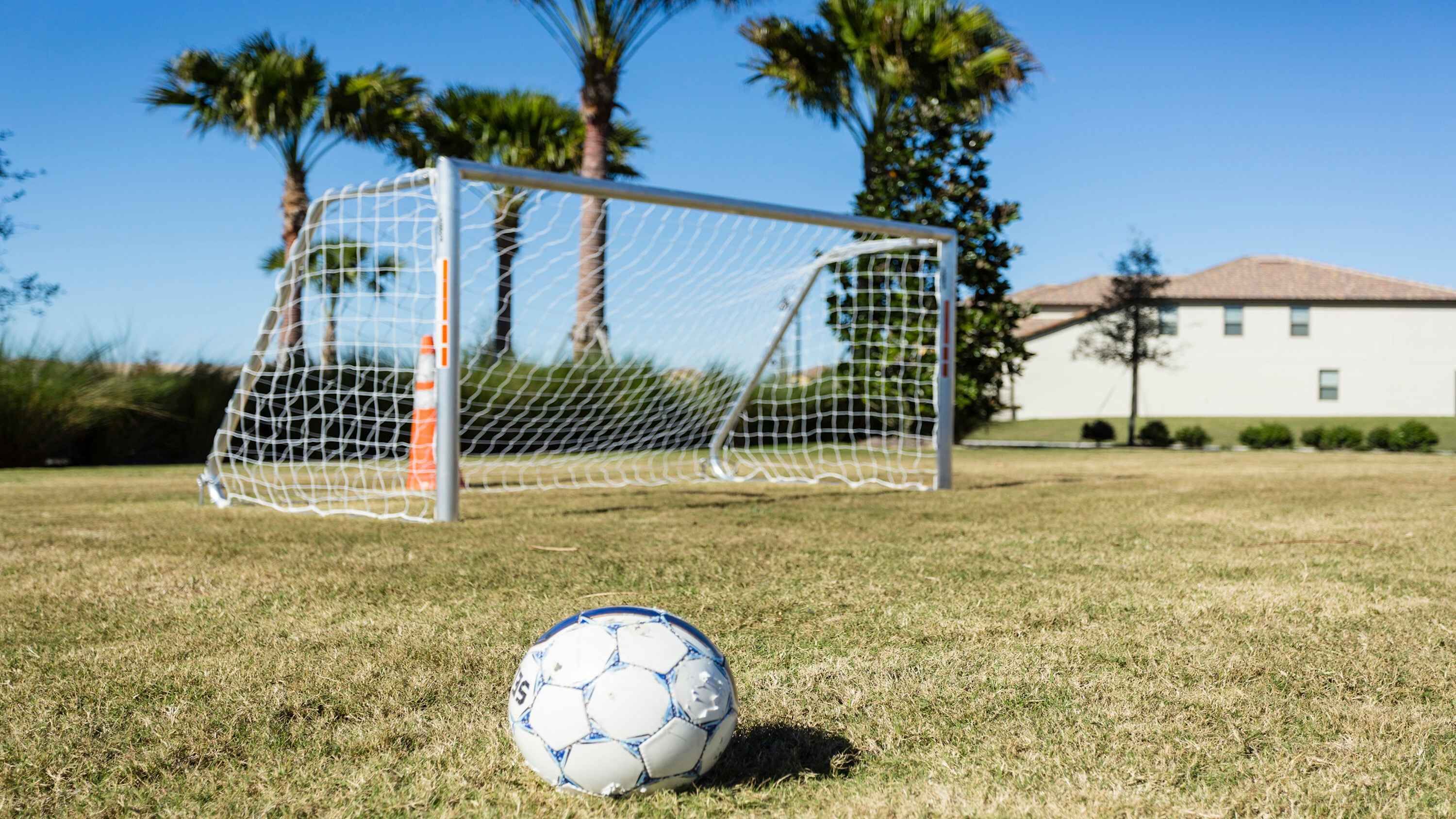 A soccer ball on a grassy field with a goalpost in the background.