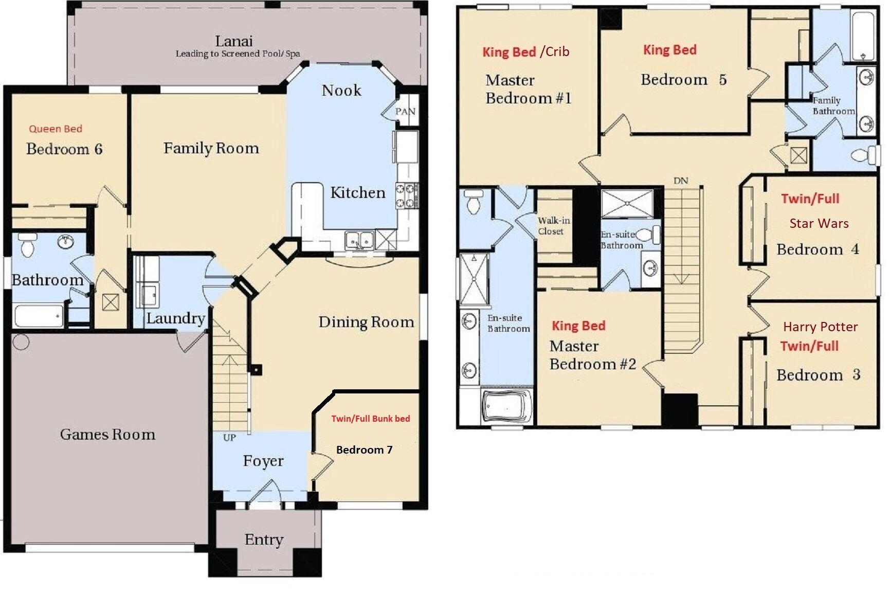 A hotel layout with multiple bedrooms, a family room, kitchen, dining room, and a games room.