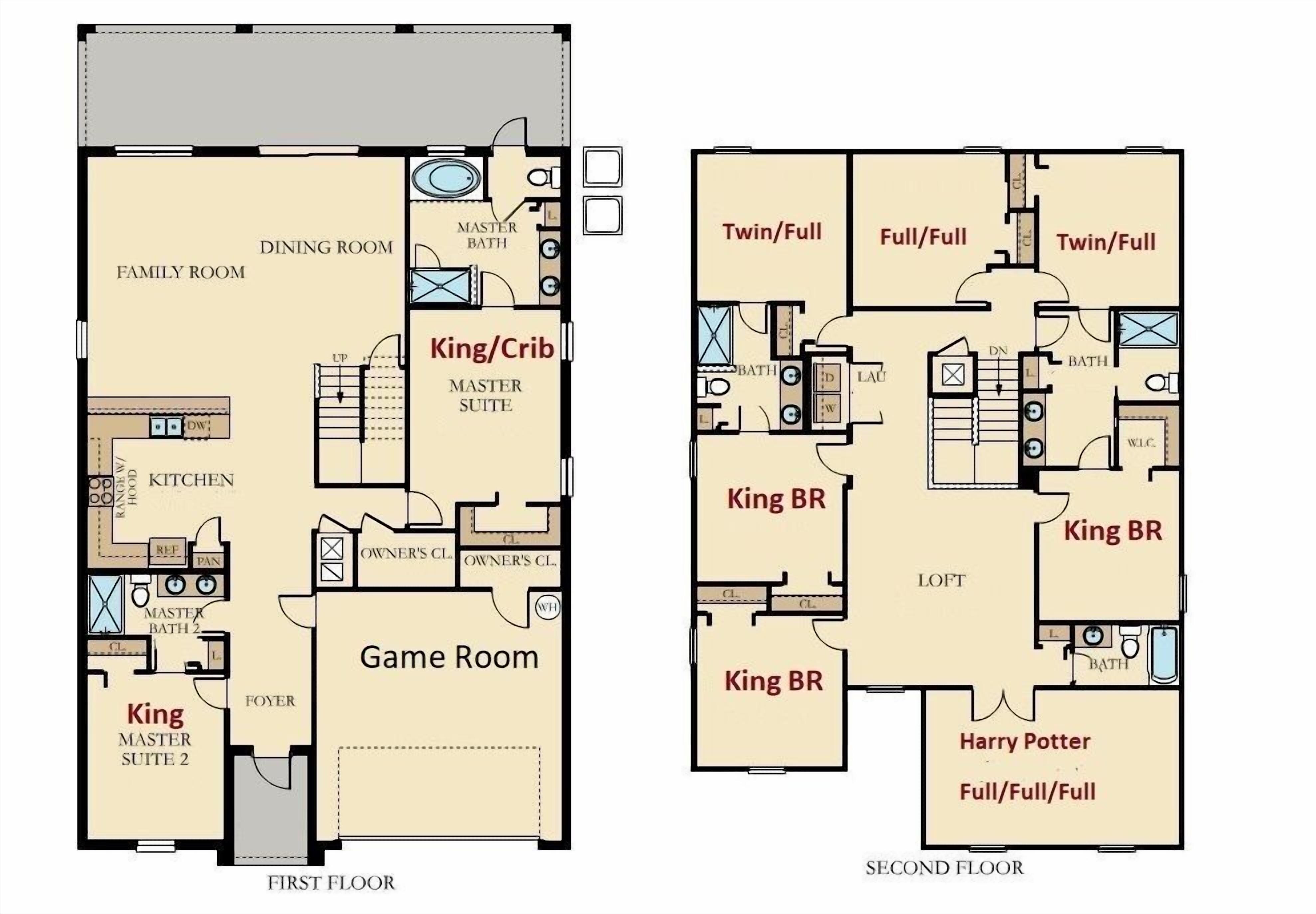 A hotel floor plan with a dining room, kitchen, game room, and multiple bedrooms including king, crib, and full/full rooms.
