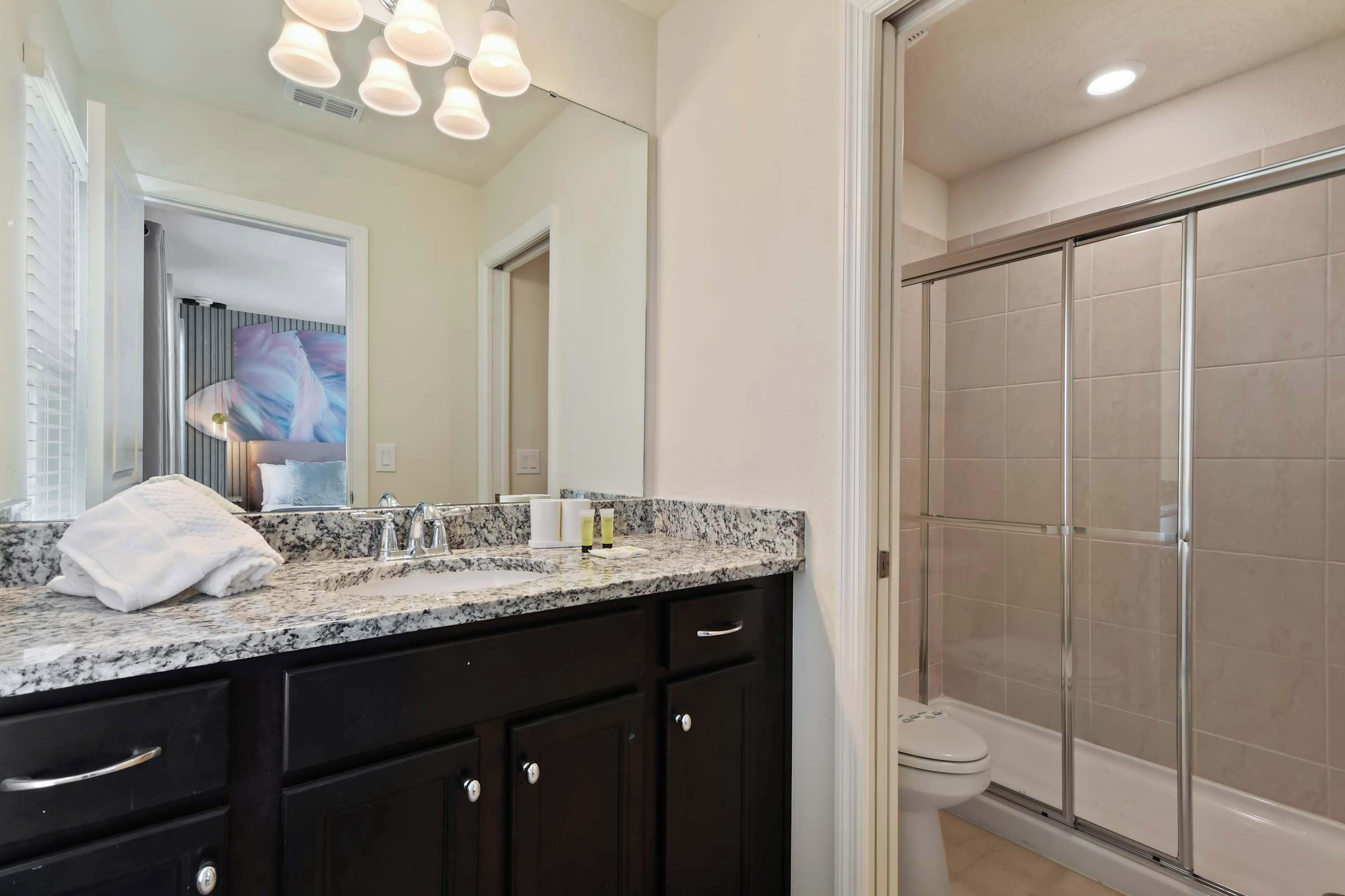 Une salle de bain avec un comptoir en granit, un miroir, une serviette, des toilettes et un espace douche.