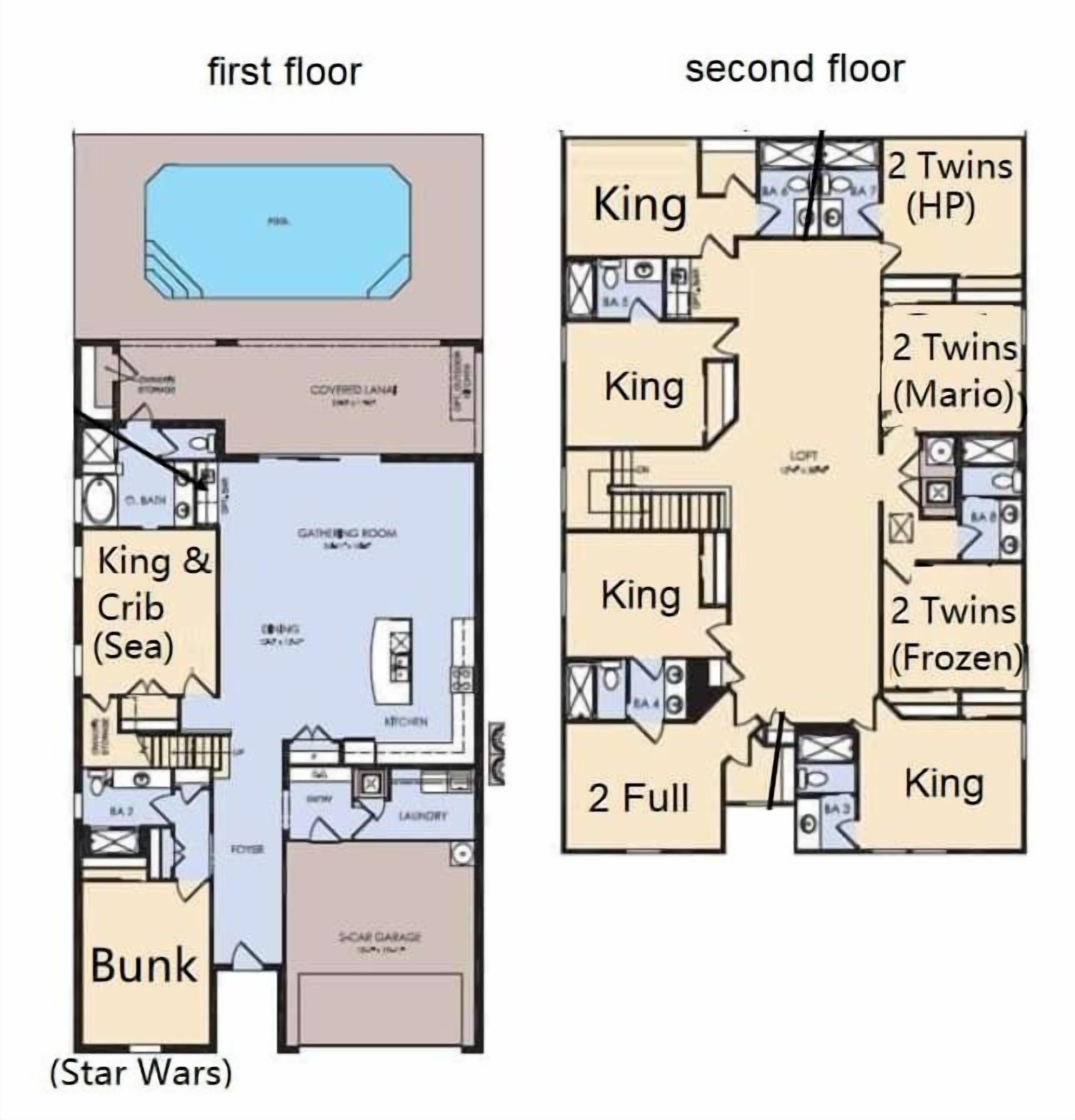 A hotel floor plan with a King & Crib (Sea) room, a Bunk area, a covered laneway, a gathering room, a kitchen, and a car garage.