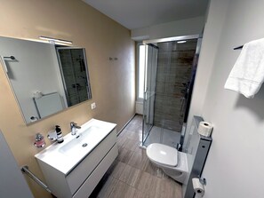 A modern bathroom with a white sink, mirror, toilet, and glass shower enclosure. - San Carlo Apartments (Lugano)