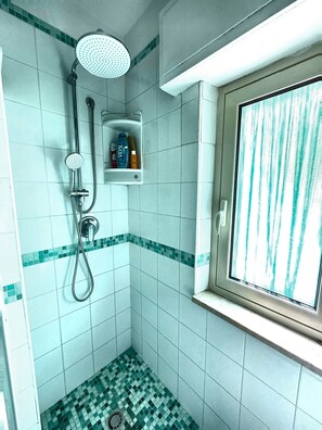Shower, hair dryer, towels