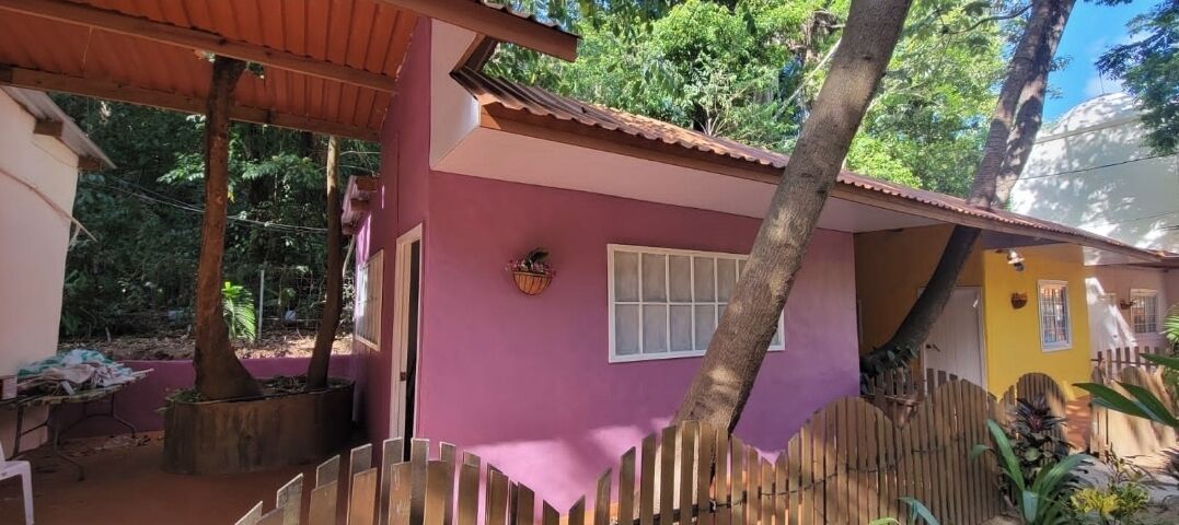 Uma casa rosa e amarela com cerca de madeira, rodeada por árvores e vegetação.