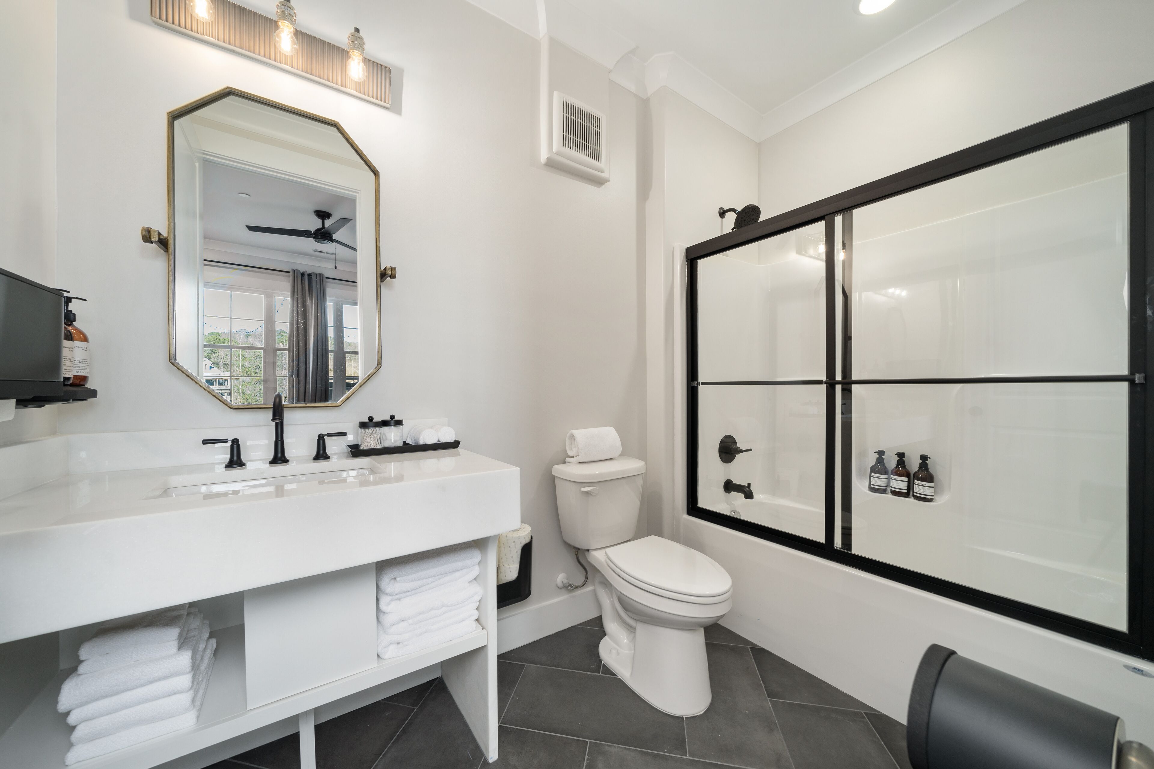 Hair dryer, towels, soap, toilet paper