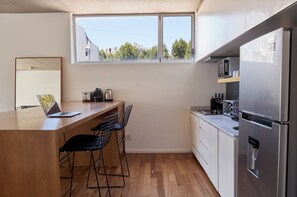 Fridge, microwave, toaster, cookware/dishes/utensils