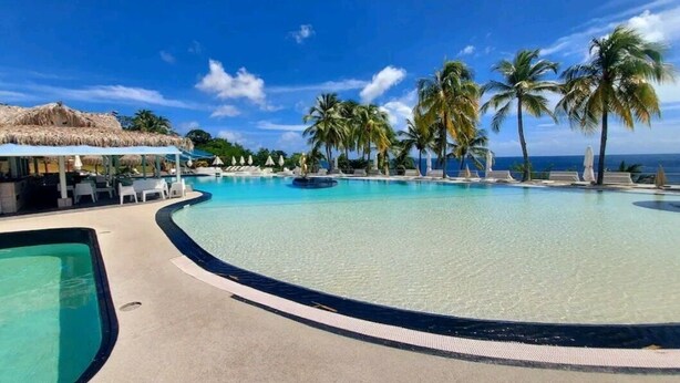 Una piscina de resort con agua cristalina, palmeras y una estructura de techo de paja.
