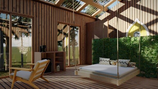 Um deck de madeira com uma cama, uma cadeira e uma mesa pequena.