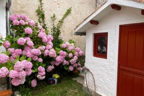 Ein weißes Gebäude mit roter Tür, einem kleinen Fenster und rosa Hortensienbüschen davor.