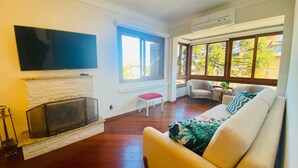 A living room with a fireplace, a sofa, a television, and large windows.