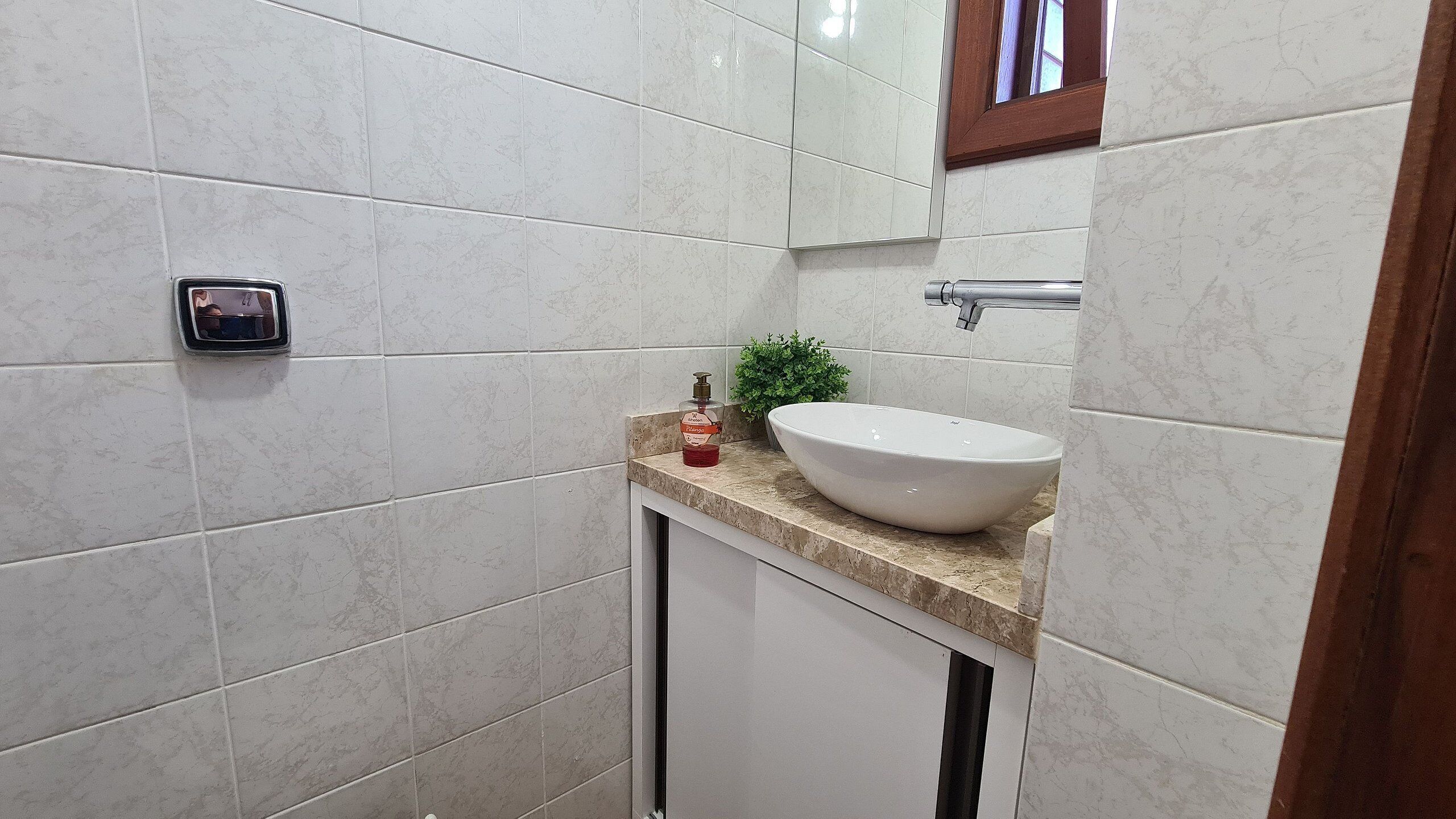 A bathroom with white marble tiles, a white sink, a small potted plant, a soap dispenser, and a mirror with a wooden frame.
