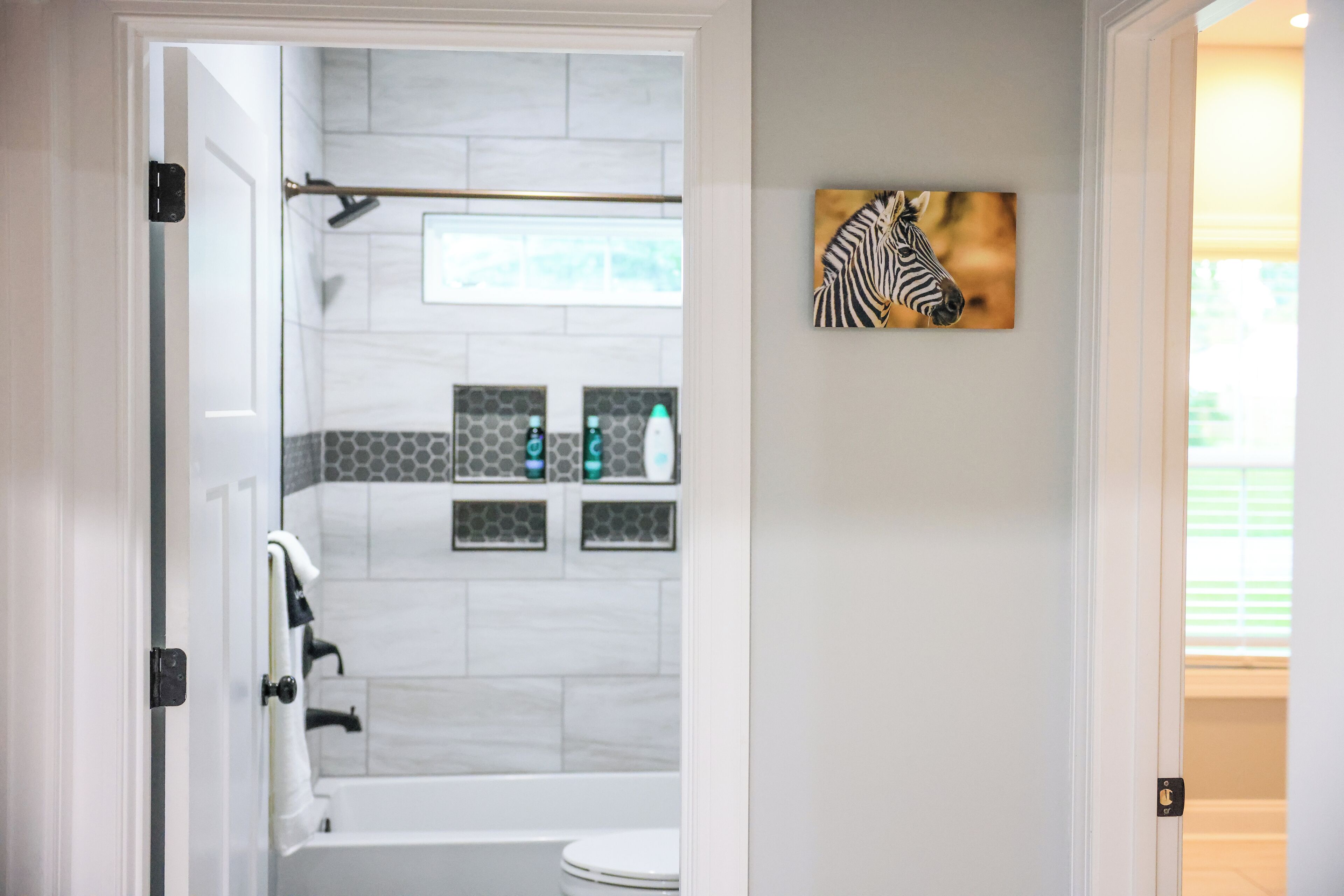 Hair dryer, towels, soap, shampoo