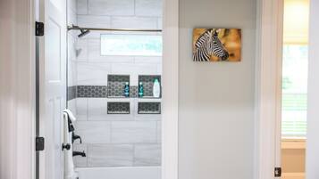 Hair dryer, towels, soap, shampoo