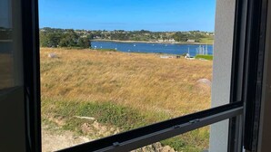 A view from a window overlooking a grassy field and a body of water with boats.