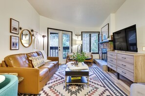 TV, fireplace, books