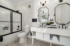 Hair dryer, towels, soap, toilet paper