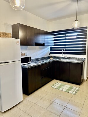 Fridge, microwave, stovetop, coffee/tea maker