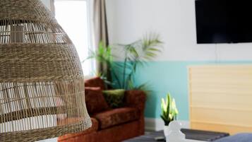 智能电视、壁炉、书、立体声音响