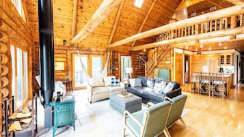 Smart TV, fireplace, books